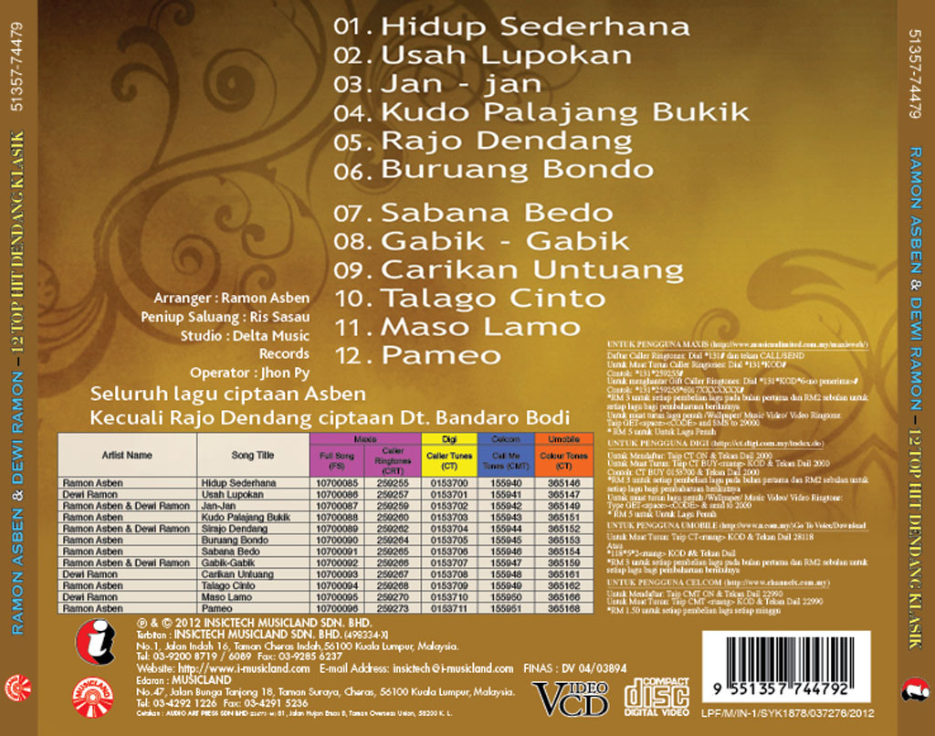 RAMON ASBEN & DEWI RAMON 12 Top Hit Dendang Klasik VCD 74479 (BACK)