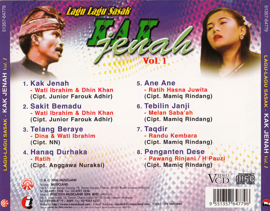Lagu Lagu Sasak Kak Jenah VOL 1 VCD 64779 (Back)